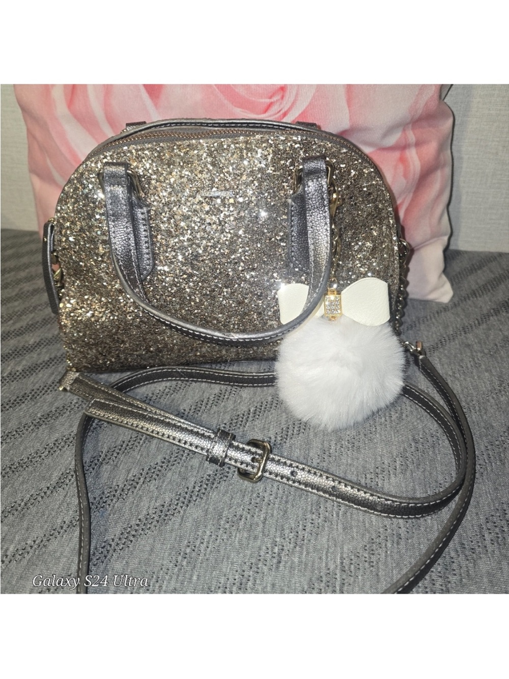 Kate Spade Glitter Dome Crossbody Bag with Pom Pom Charm - Silver EC